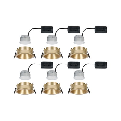 Six gold LED recessed spotlights with white heat sinks and black connectors for modern interior lighting