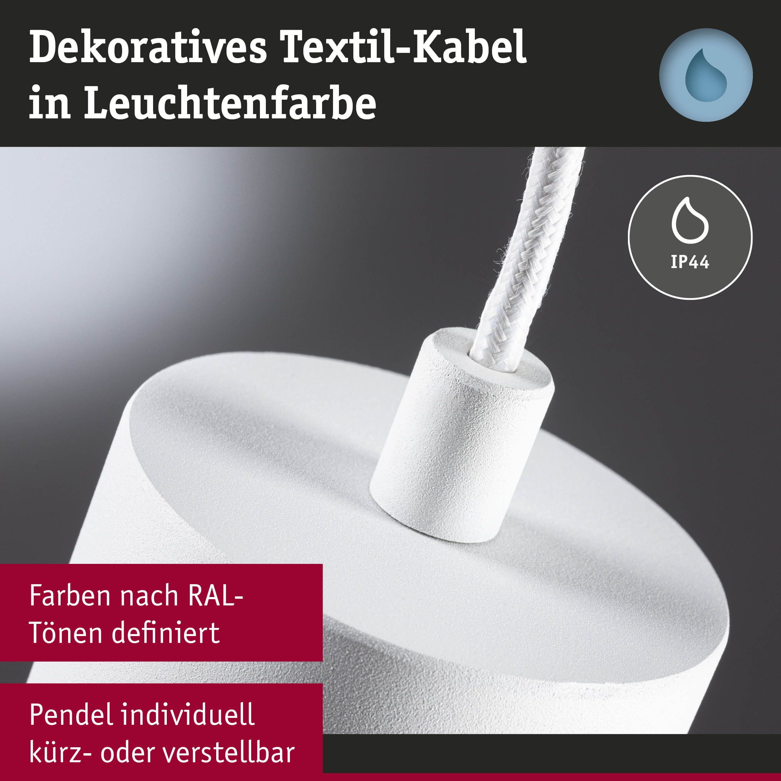 Weißes dekoratives Textilkabel mit IP44 Schutz für Leuchten, individuell kürz- und verstellbar