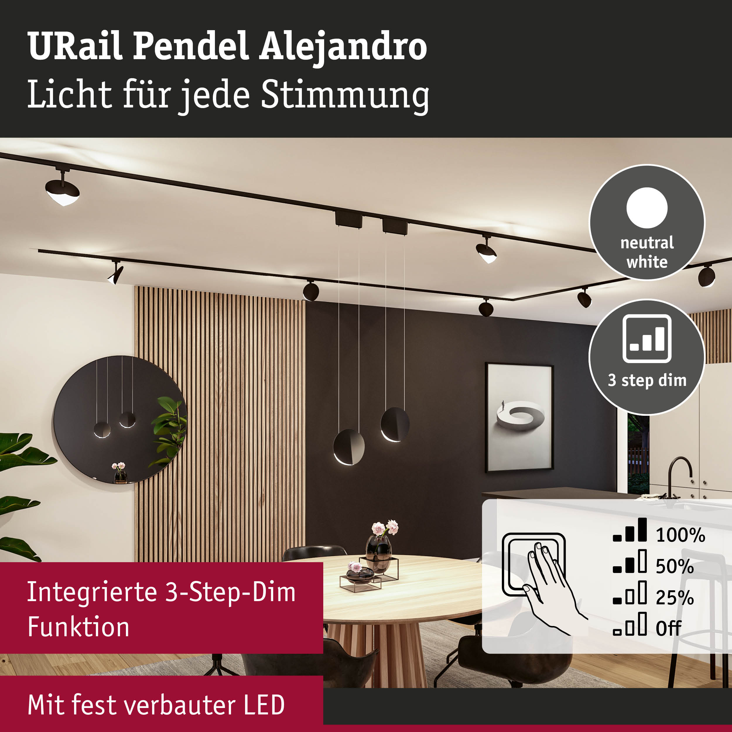 URail Pendel Alejandro schwarze LED-Pendelleuchte mit 3-Stufen-Dim-Funktion für Wohnräume