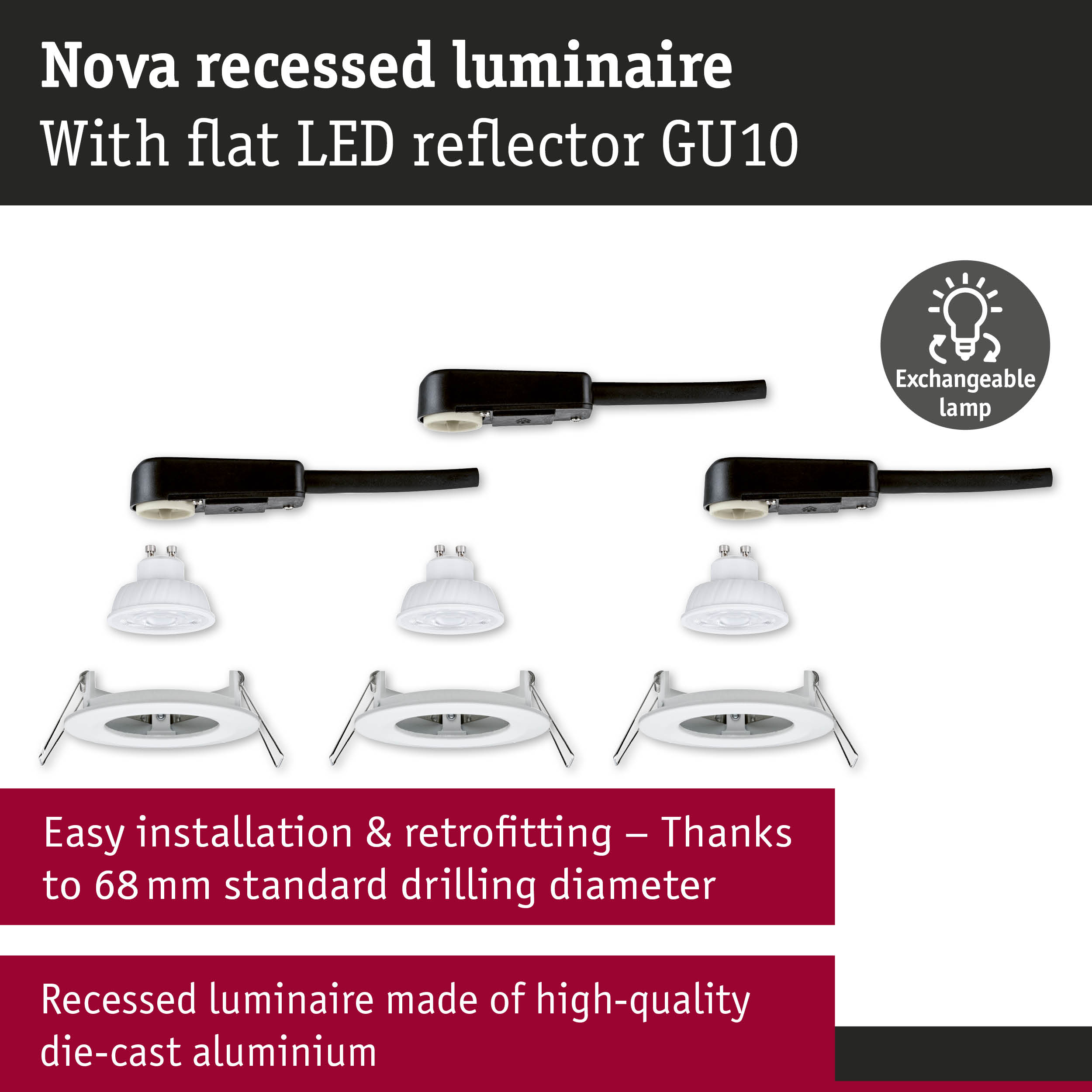 Nova recessed luminaire made of high-quality die-cast aluminium with flat LED reflector GU10 and exchangeable lamp