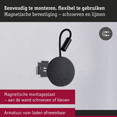 Zwarte magnetische wandlamp met flexibele arm en afneembare lampkop, eenvoudig te monteren