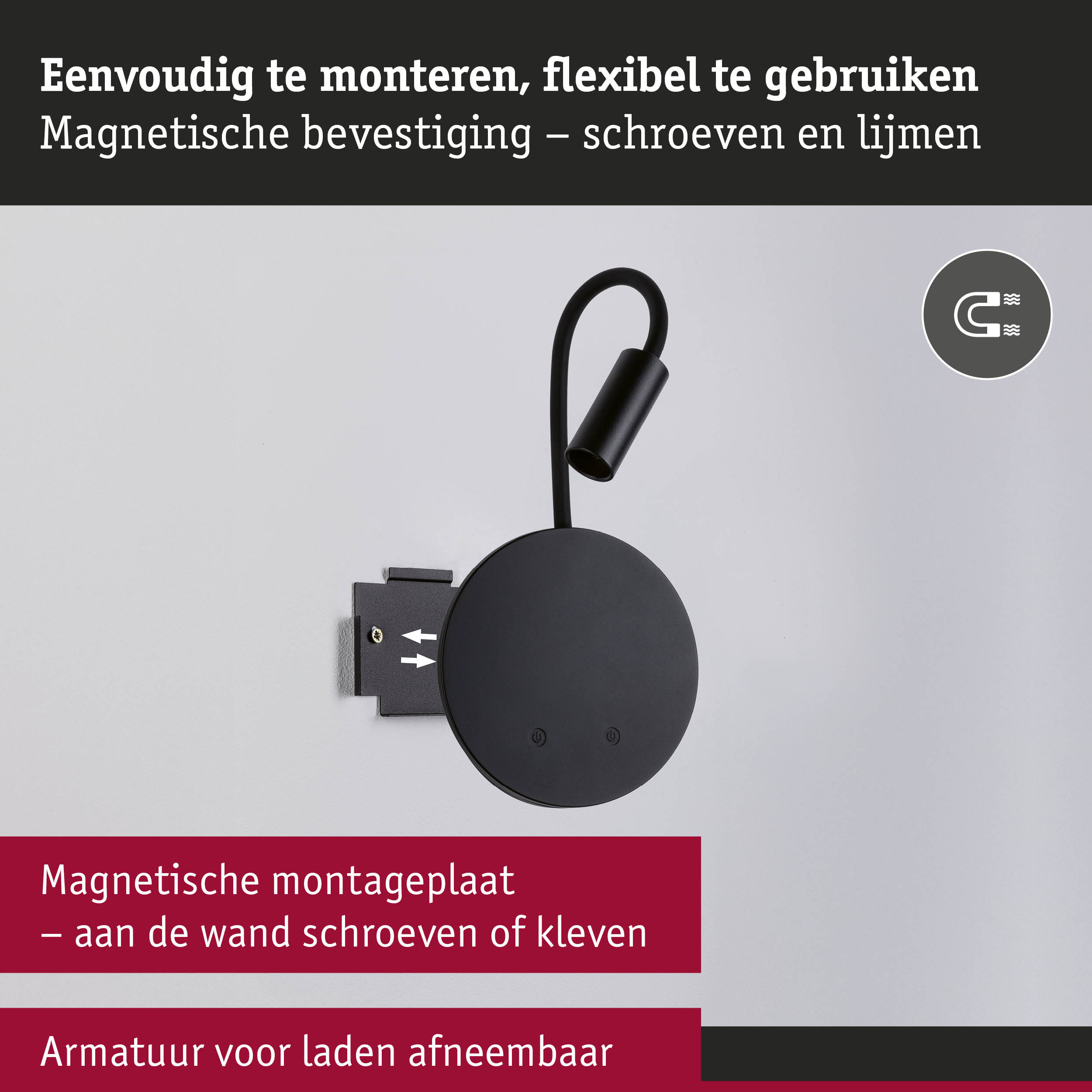 Zwarte magnetische wandlamp met flexibele arm en eenvoudige montage met schroeven of lijm