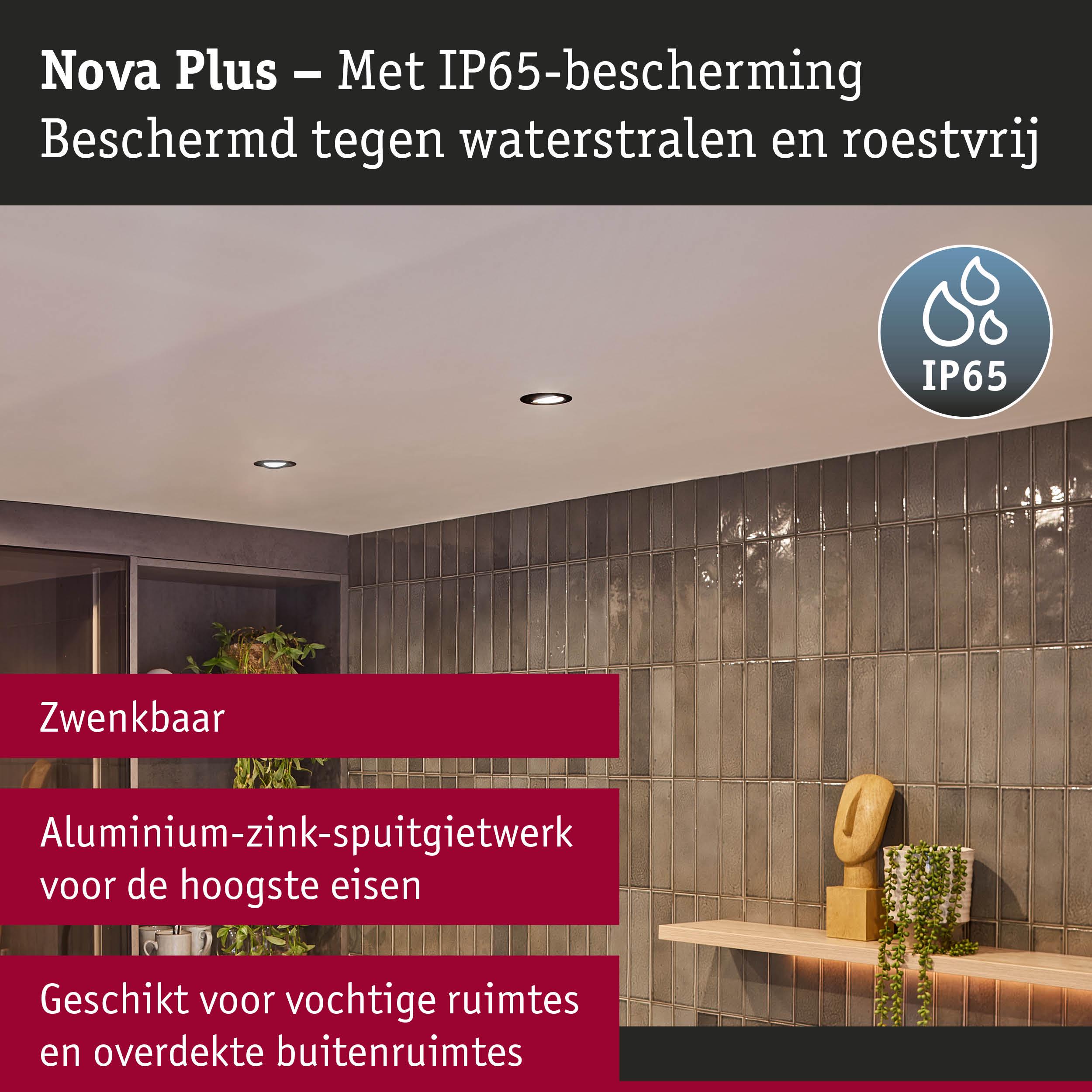Nova Plus aluminium-zink LED inbouwspot met IP65 bescherming, zwenkbaar, geschikt voor vochtige ruimtes en overdekte buitenruimtes