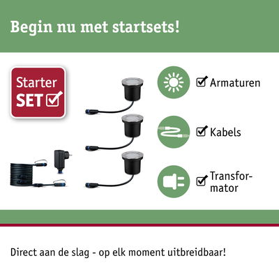 Startset met drie zwarte LED-grondspots, kabels en transformator voor tuinverlichting