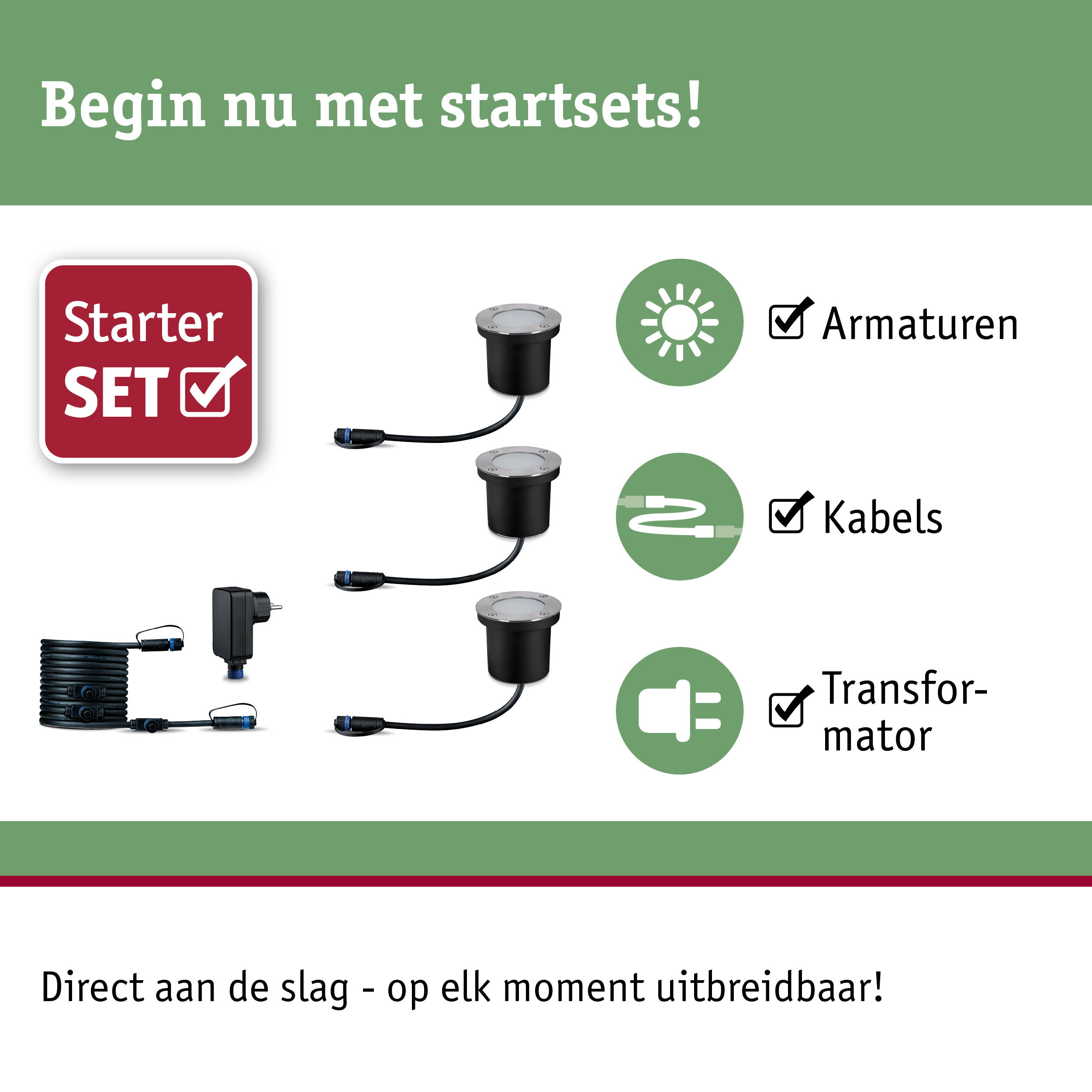 Starterset met zwarte LED-armaturen, kabels en transformator voor tuinverlichting