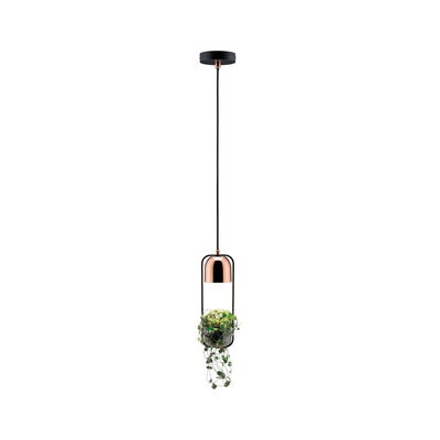 Moderne hanglamp in koper en zwart met geïntegreerde plantenhouder, decoratieve LED-verlichting voor kamerplanten