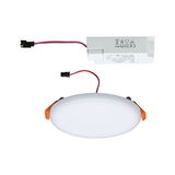 Rundes LED-Einbaupanel in Weiß mit orangefarbenen Clips und separatem weißem Treiber für Innenbeleuchtung
