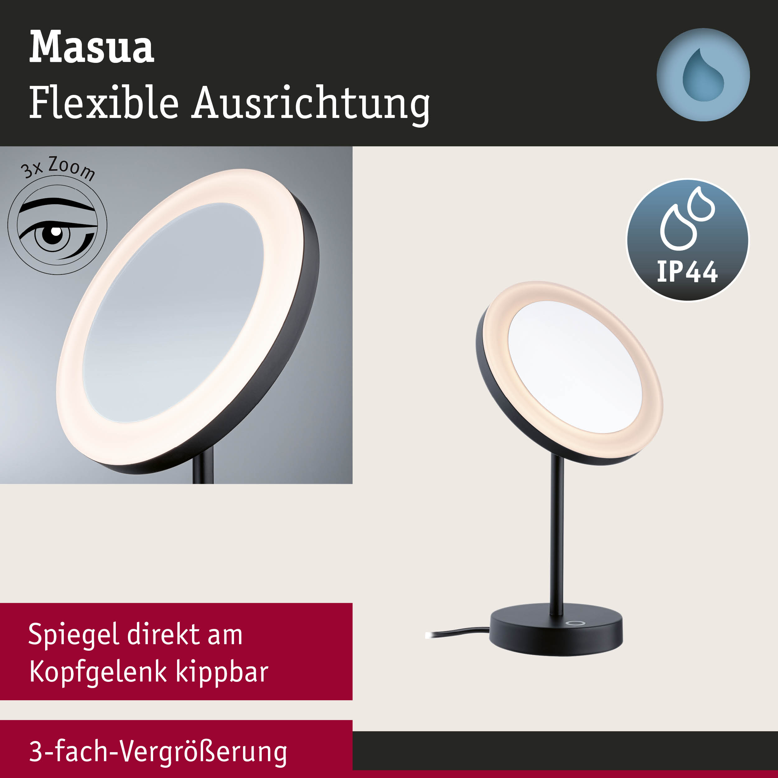 Schwarzer Masua LED-Tischspiegel mit 3-fach Vergrößerung und IP44 Schutz für Badbeleuchtung