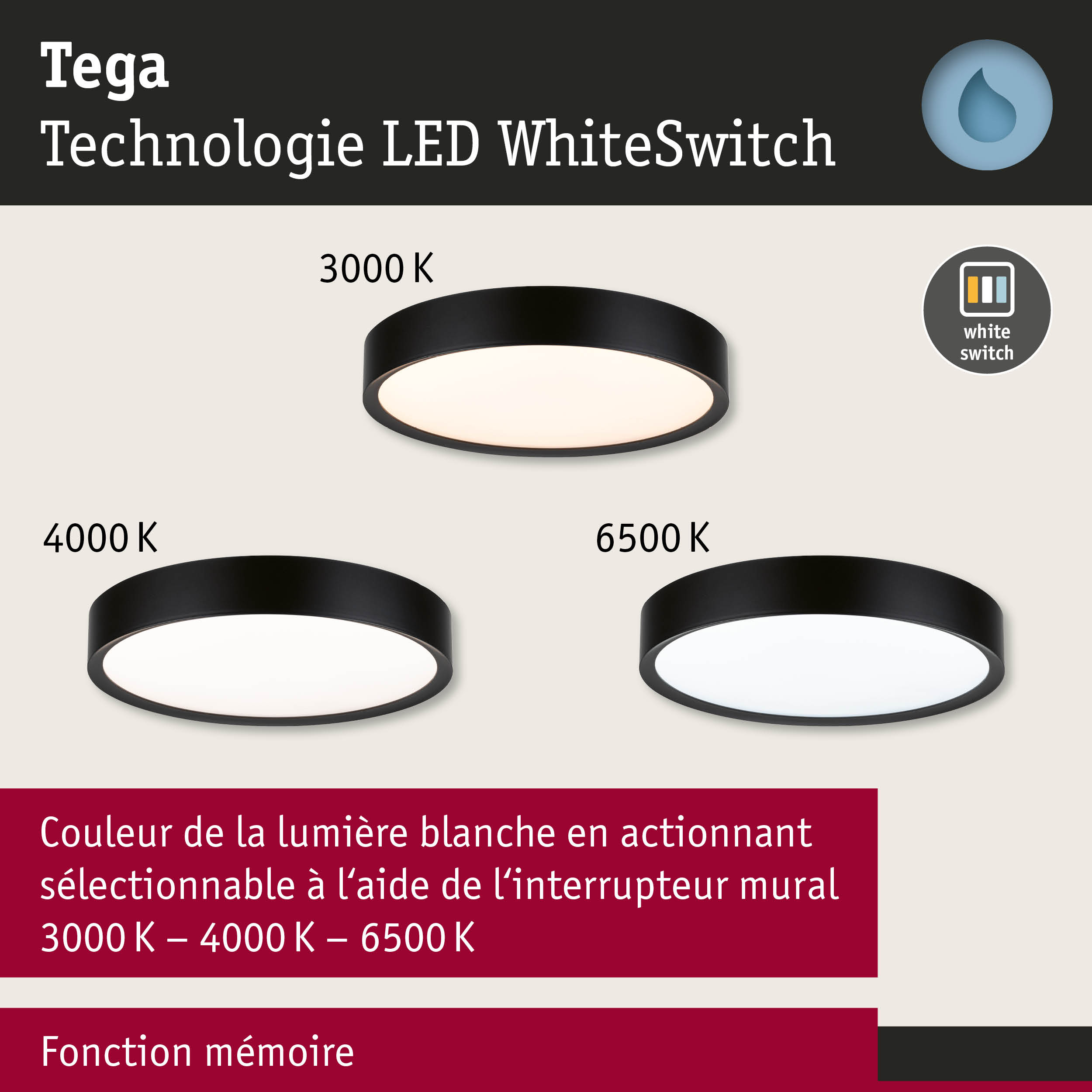Plafonnier LED noir Tega avec lumière blanche réglable 3000K à 6500K et fonction WhiteSwitch