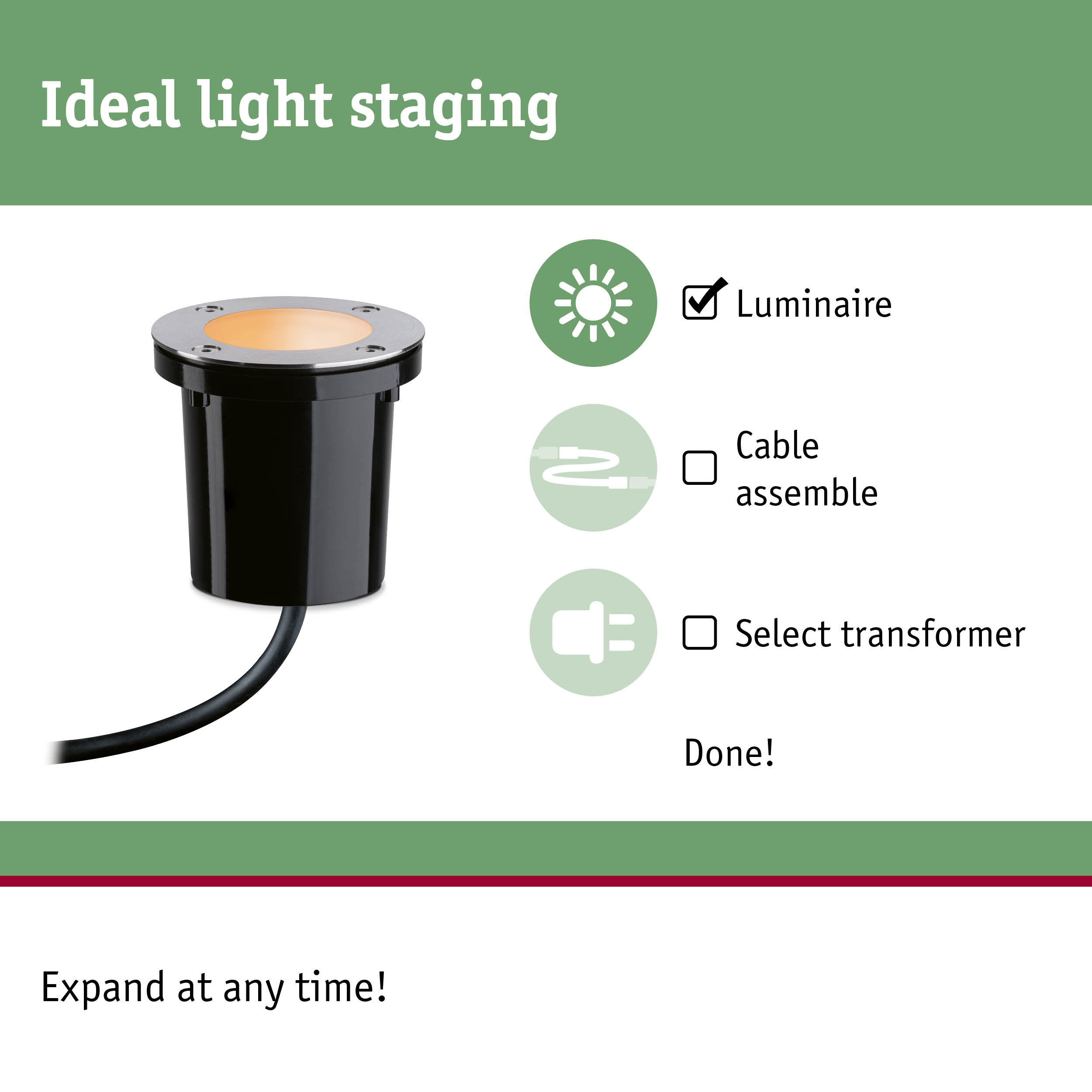 Black recessed floor luminaire with stainless steel trim and warm white LED light for outdoor lighting