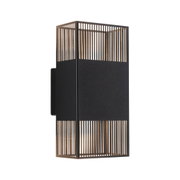 Black metal wall light with vertical slats and warm white light for modern interior lighting