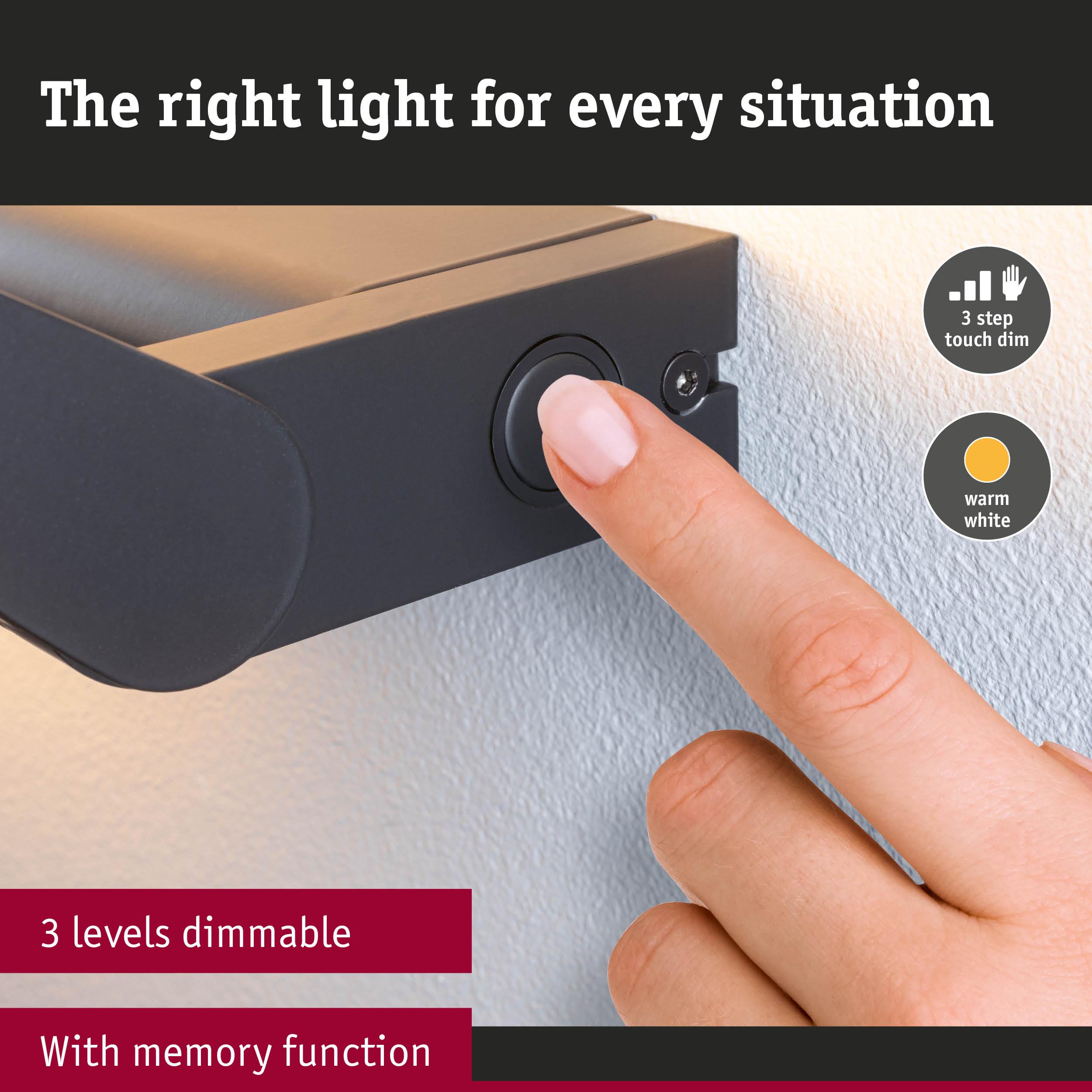 Finger touching black LED wall light with 3-step touch dim and warm white light function