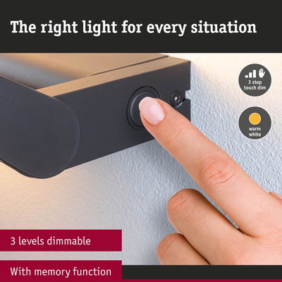 Finger touching black LED wall light with 3-step touch dim and warm white light function