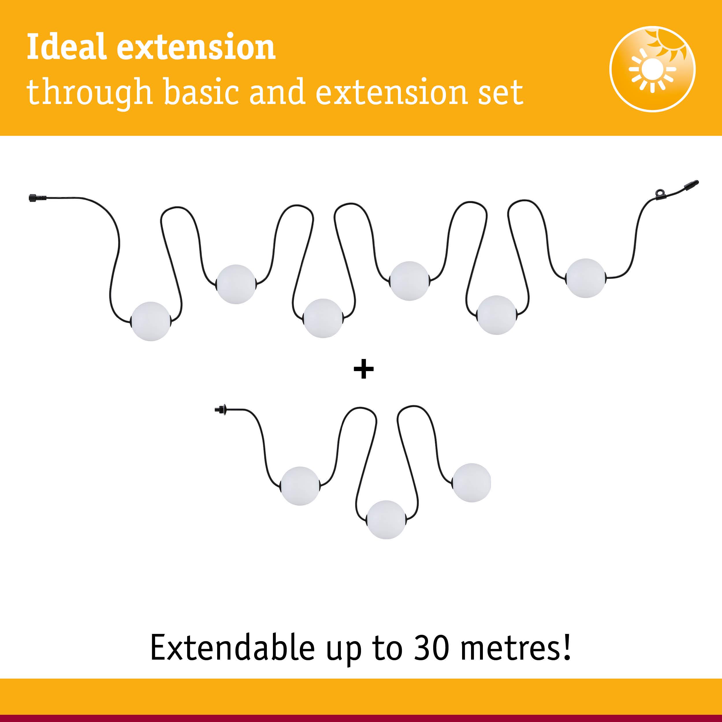 Extendable LED string lights with white globes and black cable, ideal for decorative lighting up to 30 meters