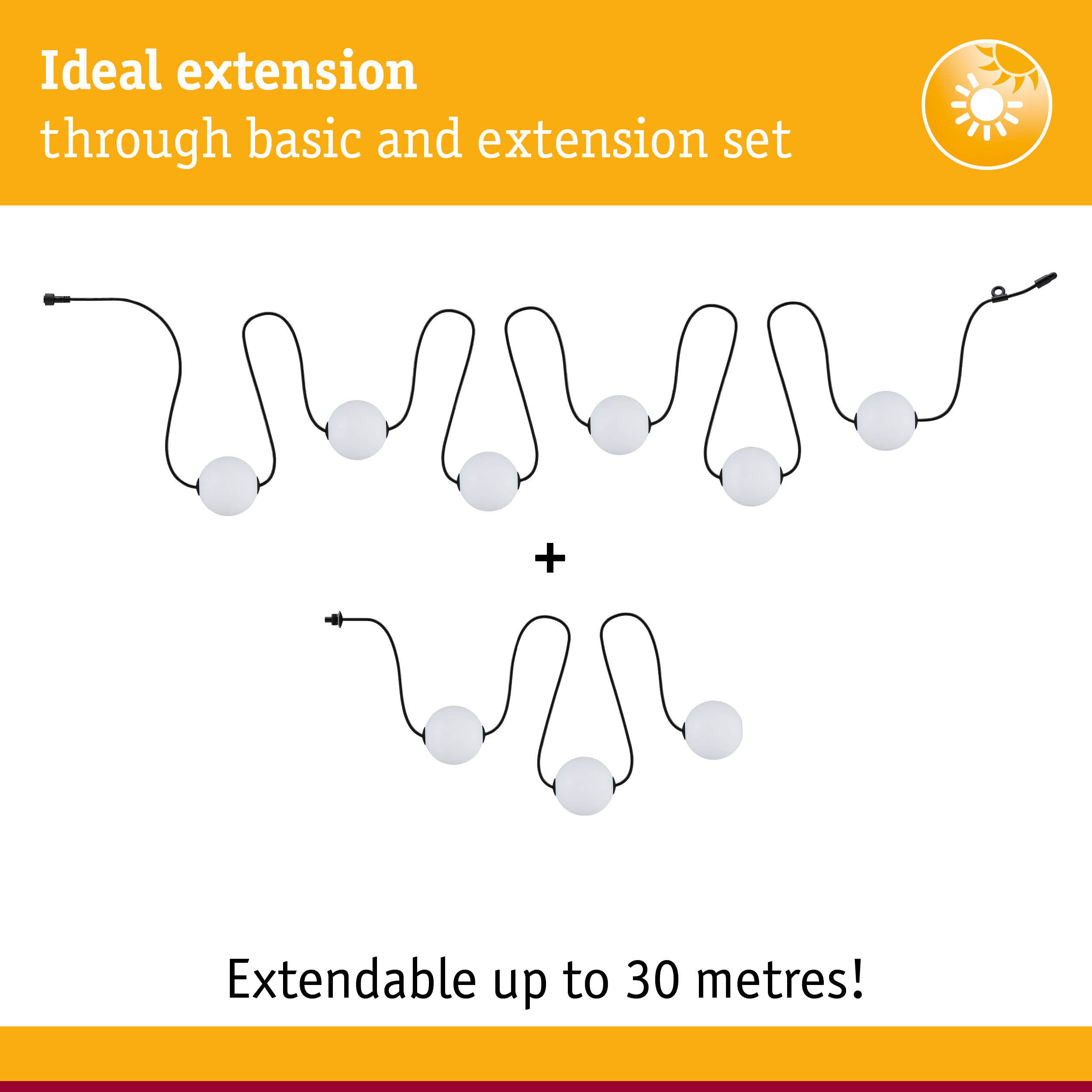 Extendable LED light cable with white spheres and black wire, length up to 30 metres