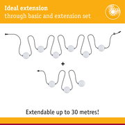 Extendable LED light cable with white spheres and black wire, length up to 30 metres