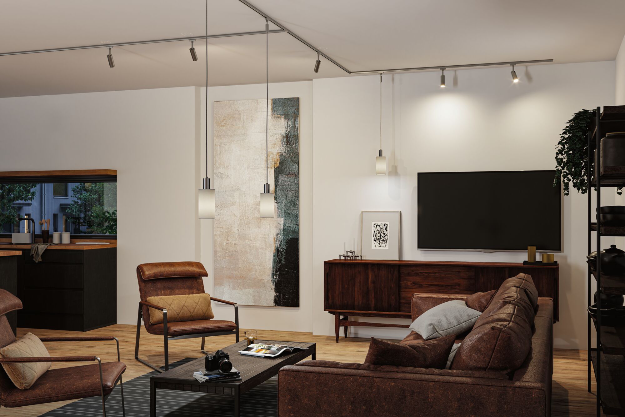 Moderne stue med brune lædermøbler og minimalistisk loftsbelysning, der skaber en hyggelig atmosfære