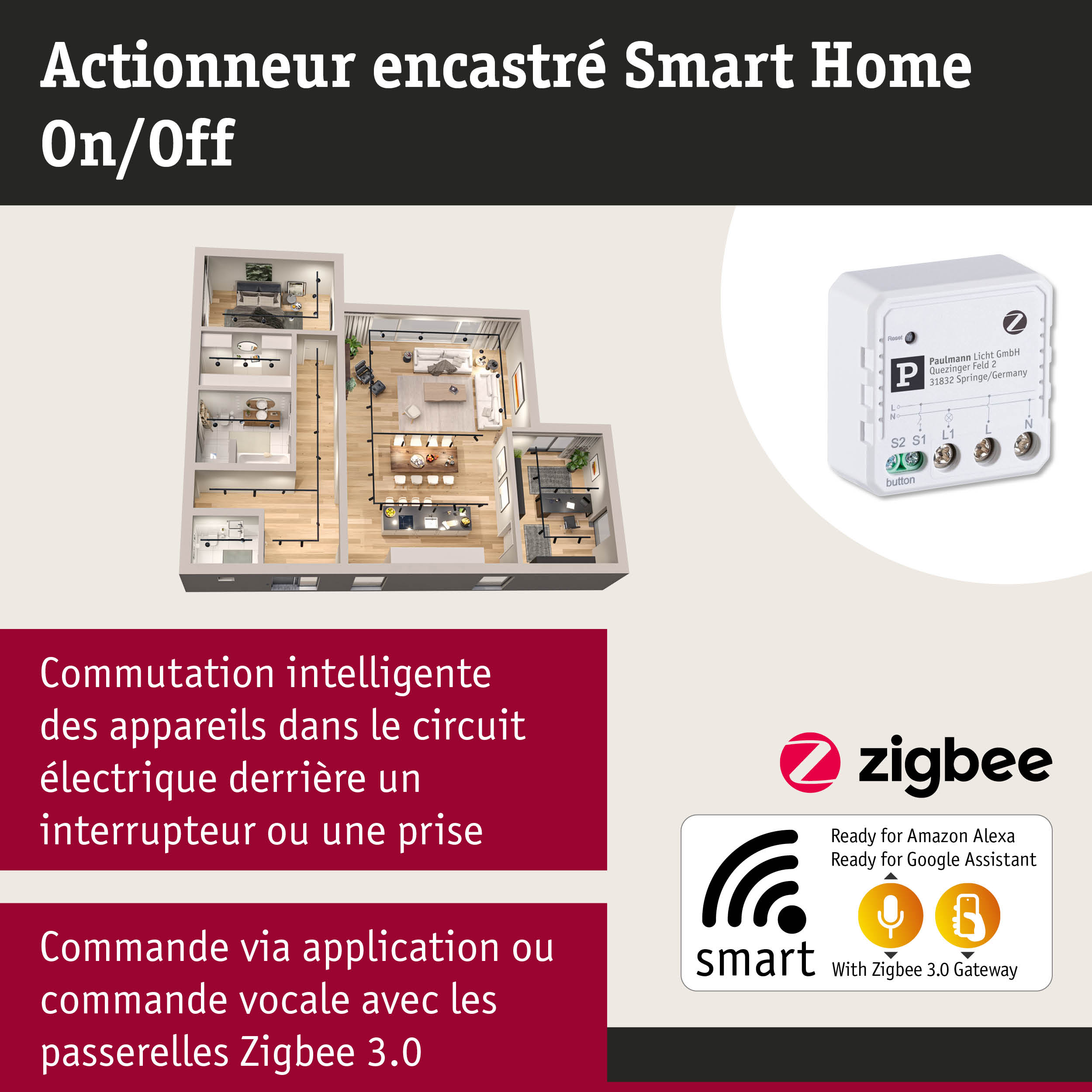 Actionneur encastré Smart Home blanc avec passerelle Zigbee 3.0 pour commande d’éclairage intelligente