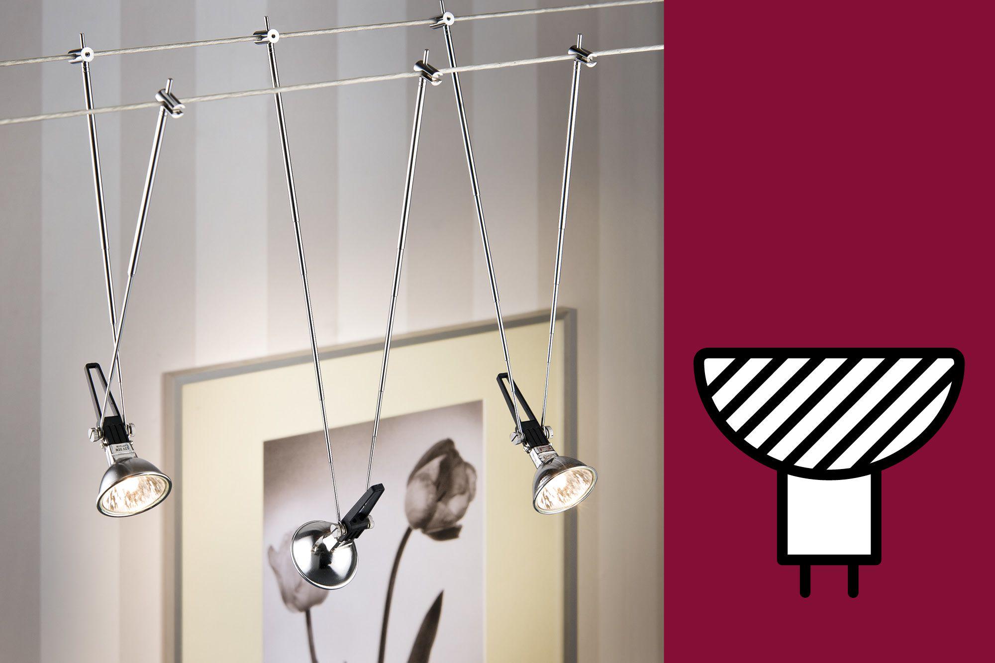 Trois lampes réflecteurs chromées GU4 GU5 suspendues sur câbles devant une image de tulipes, éclairage LED moderne