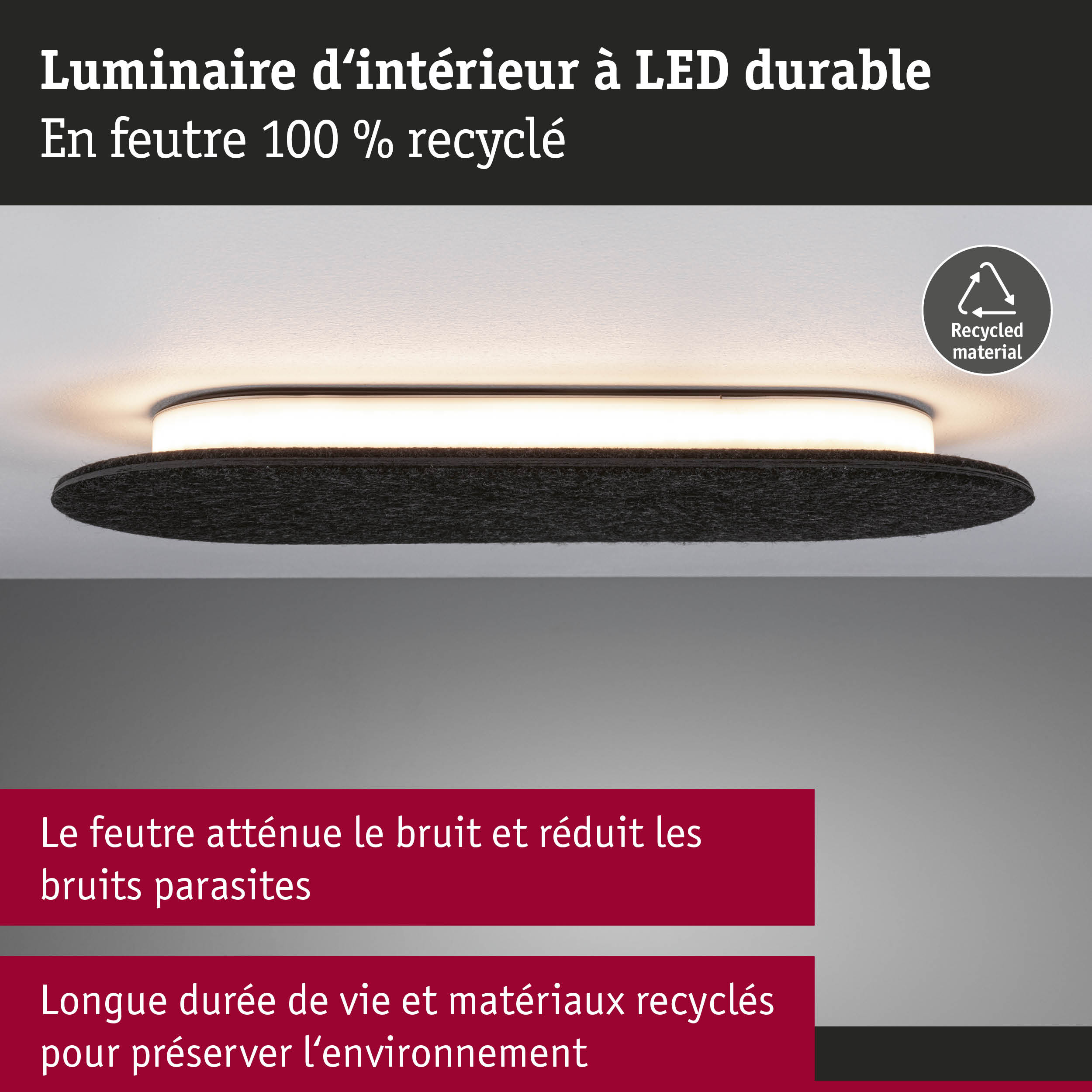 Luminaire LED durable en feutre noir 100 % recyclé pour un éclairage intérieur écologique
