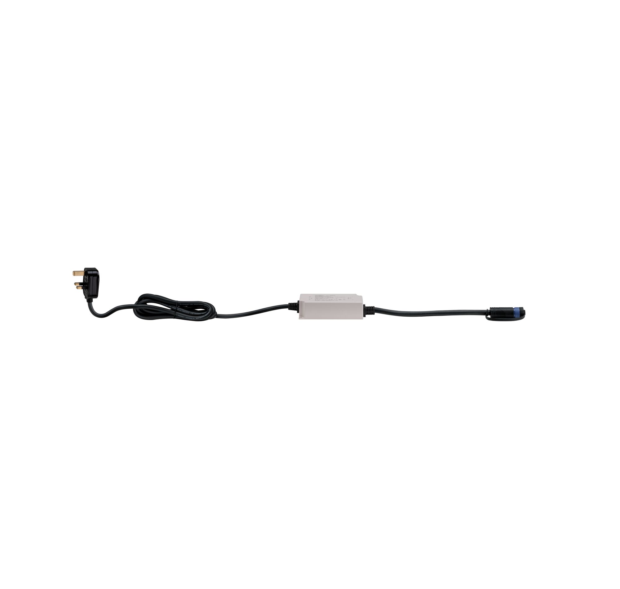 Plug & Shine Power Supply UK IP67 230/24V 30VA White Black power cable with white inline device and UK plug, LED lighting accessory for electrical setups