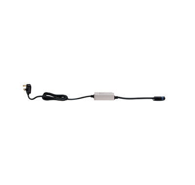 Black power cable with white inline device and UK plug, LED lighting accessory for electrical setups
