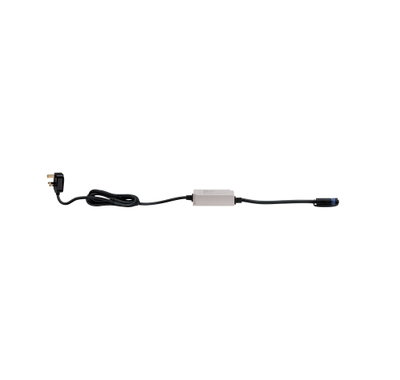 Black power cable with white inline device and UK plug, LED lighting accessory for electrical setups
