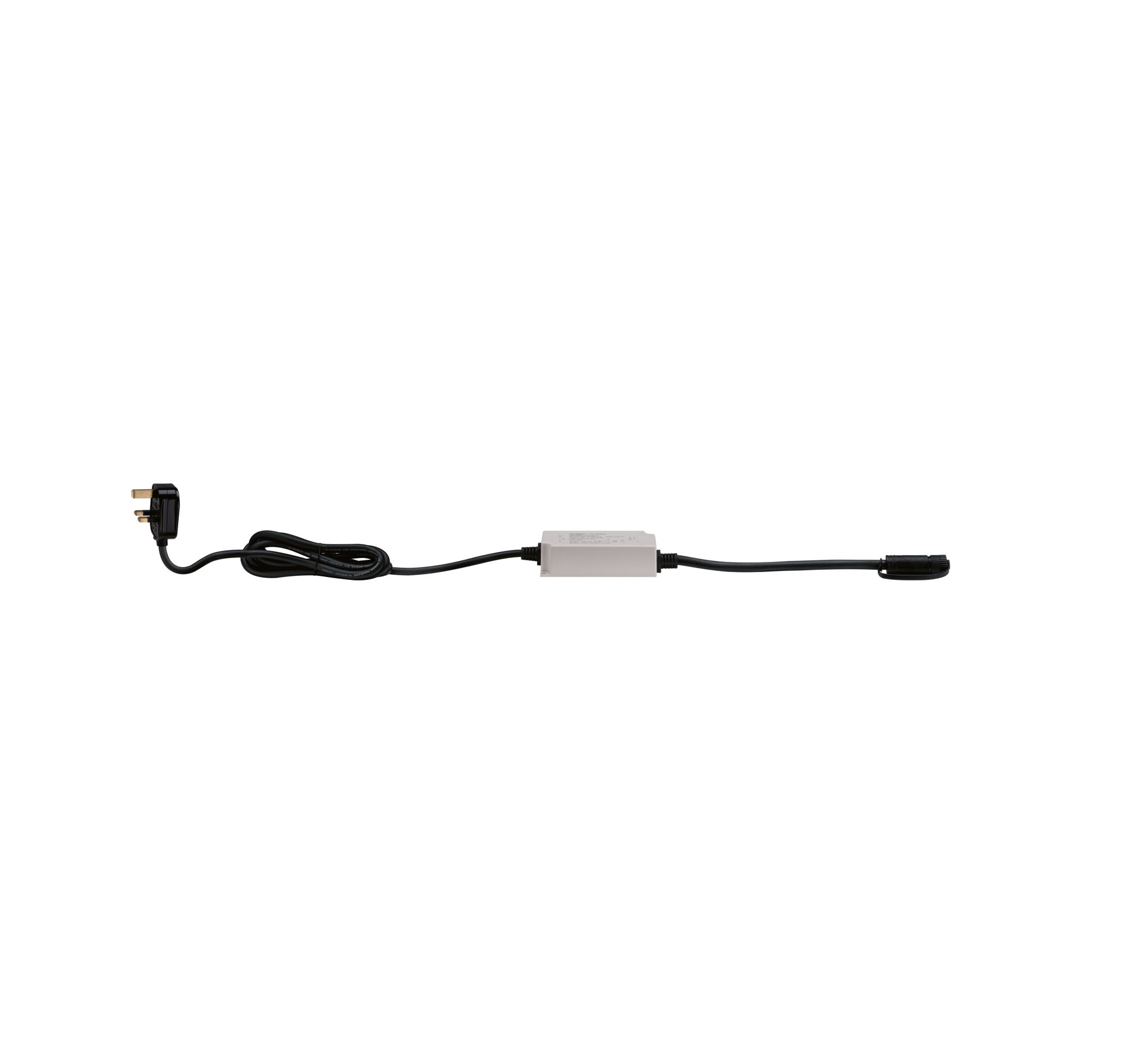 Plug & Shine Power Supply UK IP67 230/24V 30VA White Black power cable with white inline device and UK plug, LED lighting accessory for electrical setups