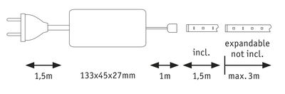 Technische tekening van stekker met 1,5m kabel en 133x45x27mm voeding, uitbreidbare LED-strip.