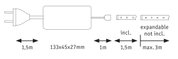 Technische Zeichnung eines Steckers mit 1,5m Kabel und 133x45x27mm Netzteil, erweiterbares LED-Lichtband.