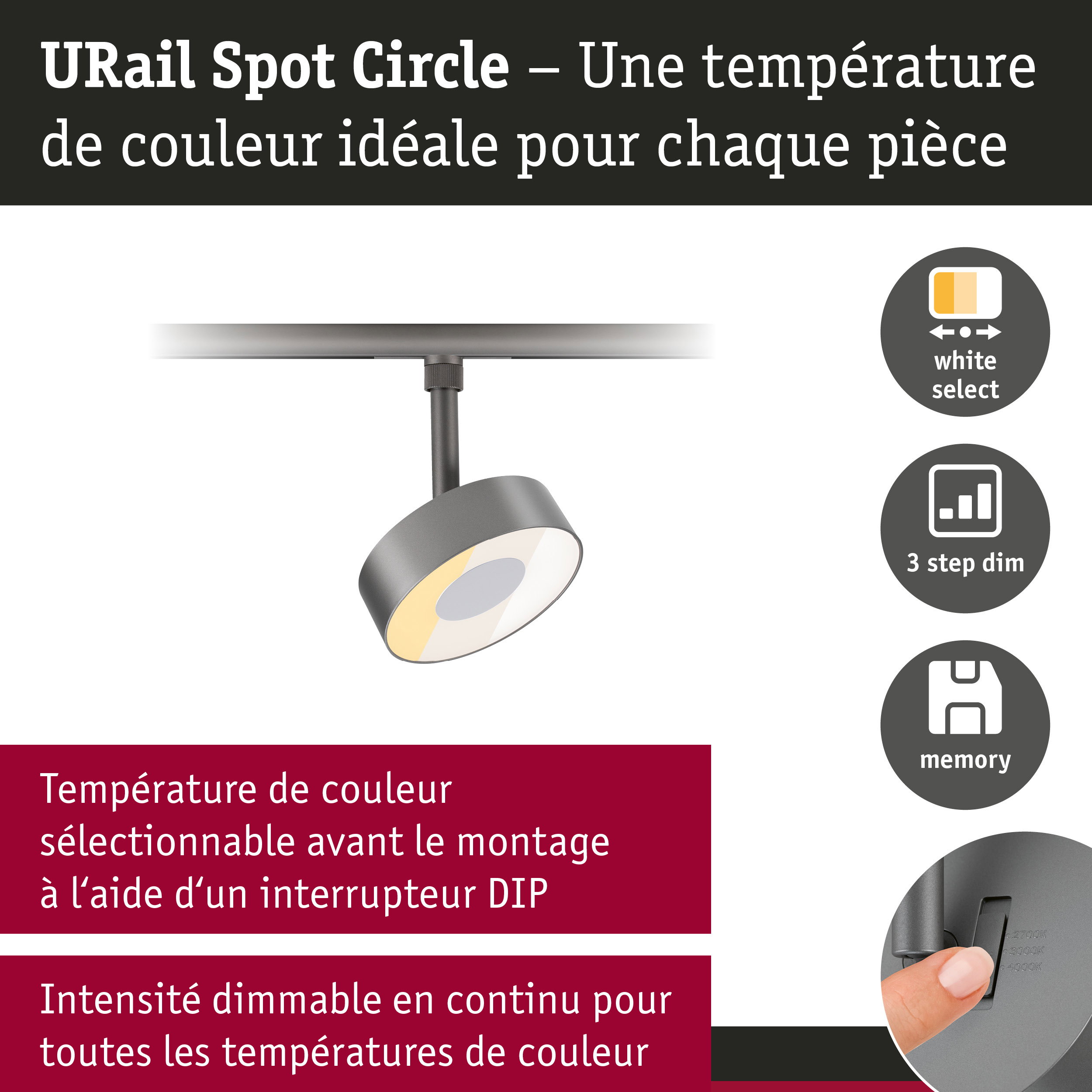 URail Spot sur rail 3-Step-Dim Circle 220lm 3W White Select gradable 230V Titanium