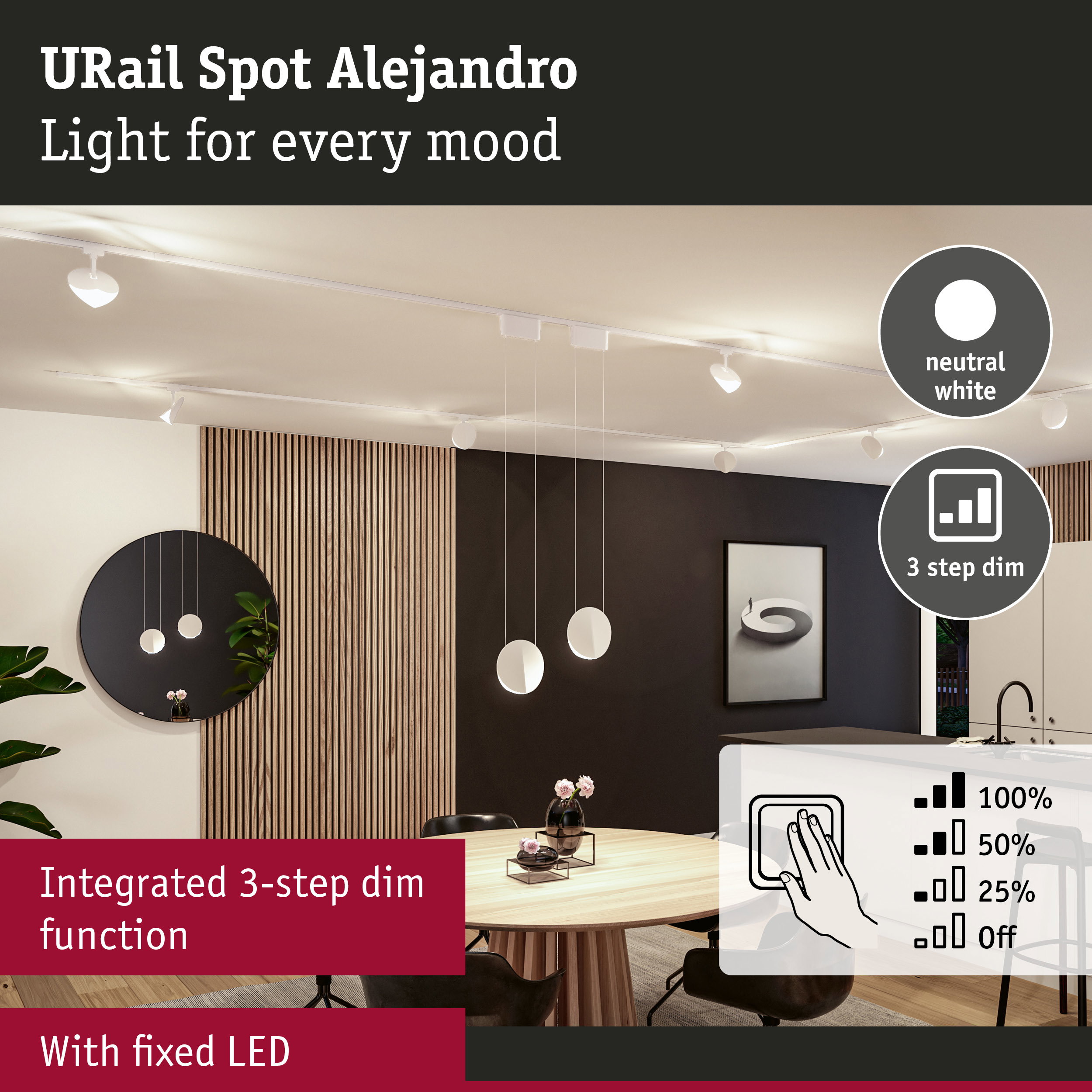 URail Spot Alejandro white LED ceiling light with integrated 3-step dim function for living rooms