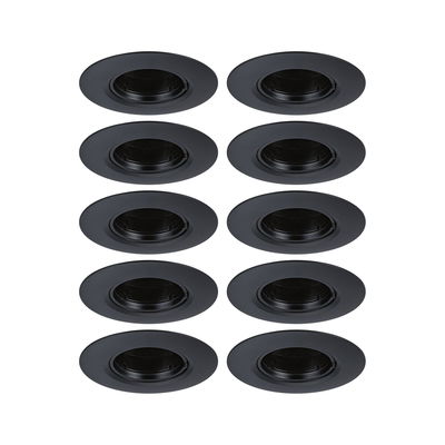 Set of ten black metal recessed spotlights with round frames for modern LED ceiling lighting