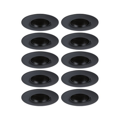 Set of ten black metal recessed spotlights with round frames for modern LED ceiling lighting