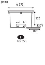 Technical drawing showing dimensions of round recessed light housing for 230V power supply.