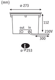 Technical drawing showing 273 mm diameter, 112 mm height, 230V power cable length 300 mm