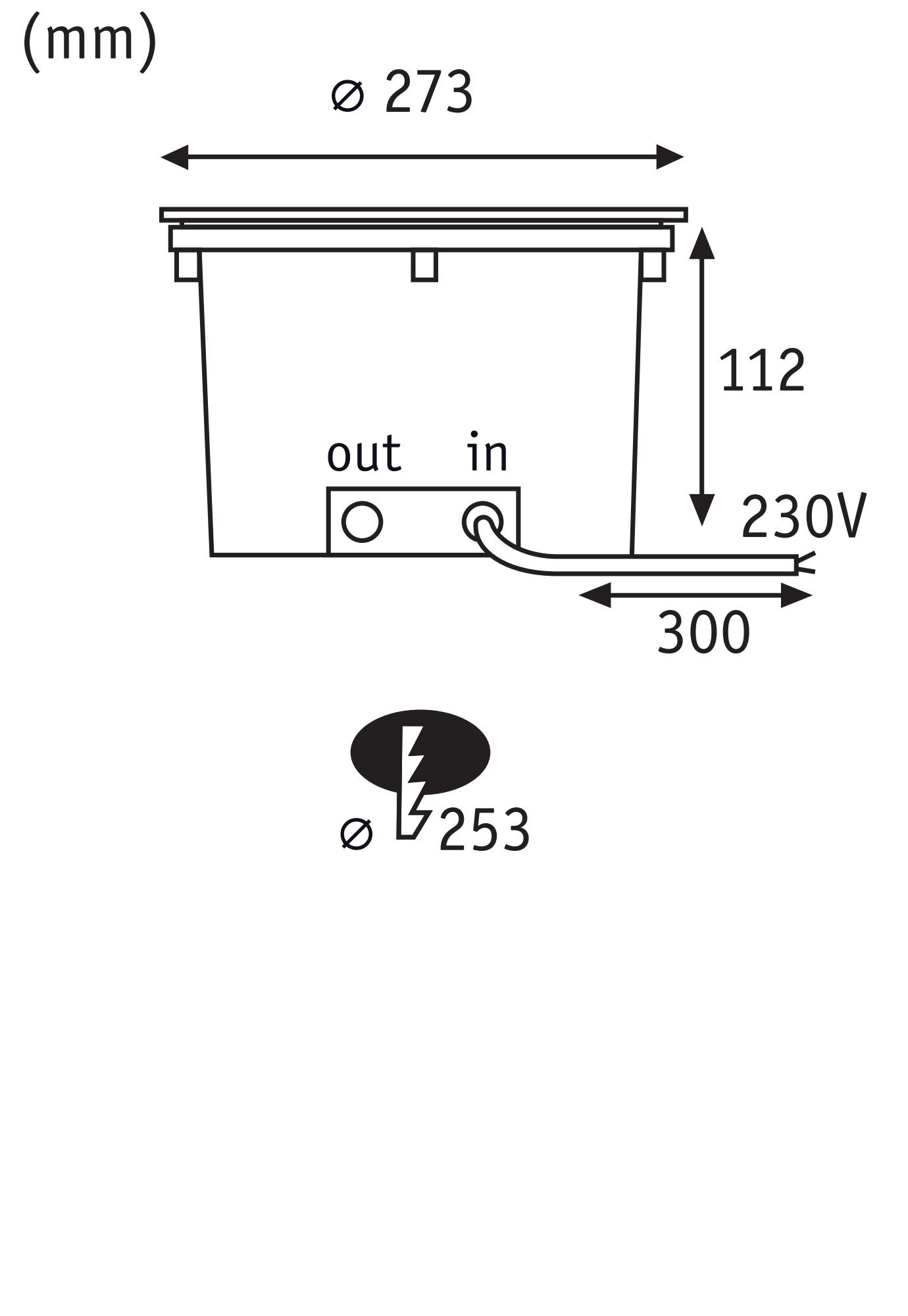Technische tekening met afmetingen 273 mm diameter, 112 mm hoogte, 230V stroomkabel 300 mm lang