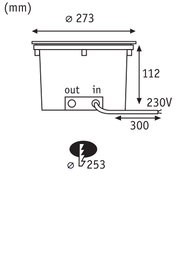 Technische tekening met afmetingen 273 mm diameter, 112 mm hoogte, 230V stroomkabel 300 mm lang