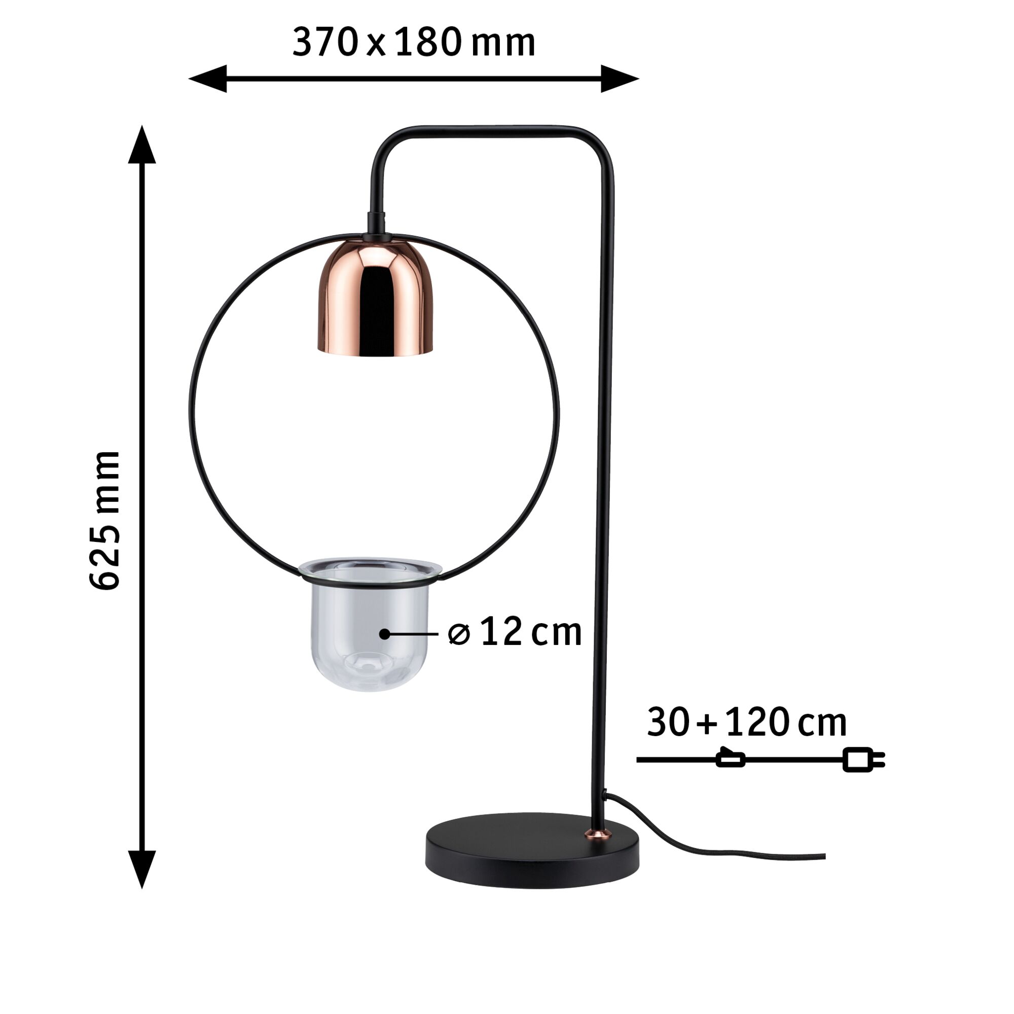 Lampe de table noire moderne avec abat-jour cuivre et verre transparent, dimensions 370x180x625 mm