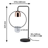 Modern black table lamp with copper shade and clear glass, dimensions 370x180x625 mm