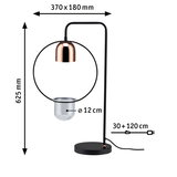 Moderne zwarte tafellamp met koperen kap en helder glas, afmetingen 370x180x625 mm