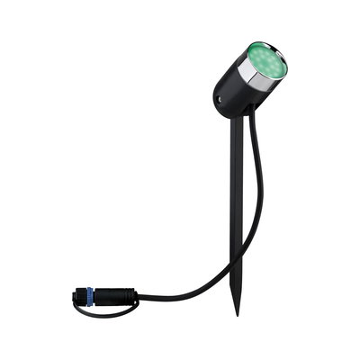Black LED garden spotlight with green light and metal spike for outdoor lighting solutions.