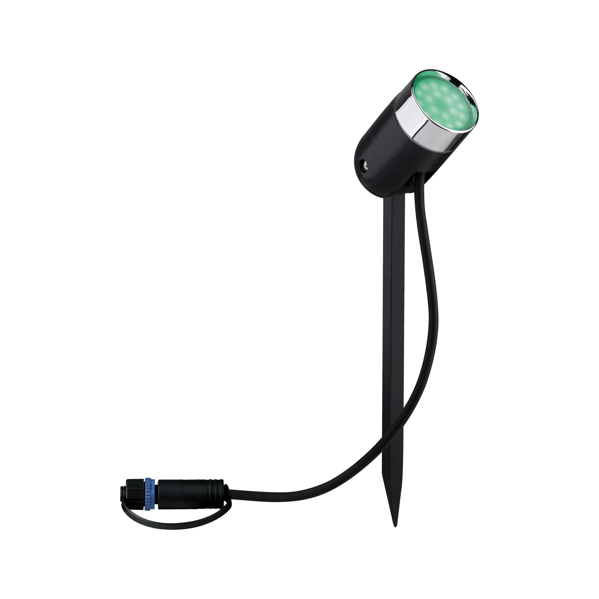 Projecteur de jardin LED noir avec lumière verte et piquet en métal pour éclairage extérieur.