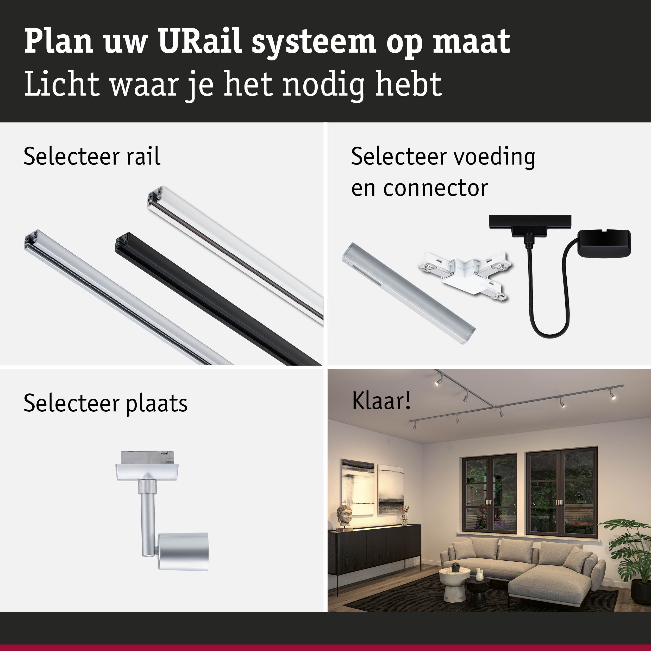 Modulair URail railsysteem met rails, connectoren en LED-spotlights voor flexibele verlichting
