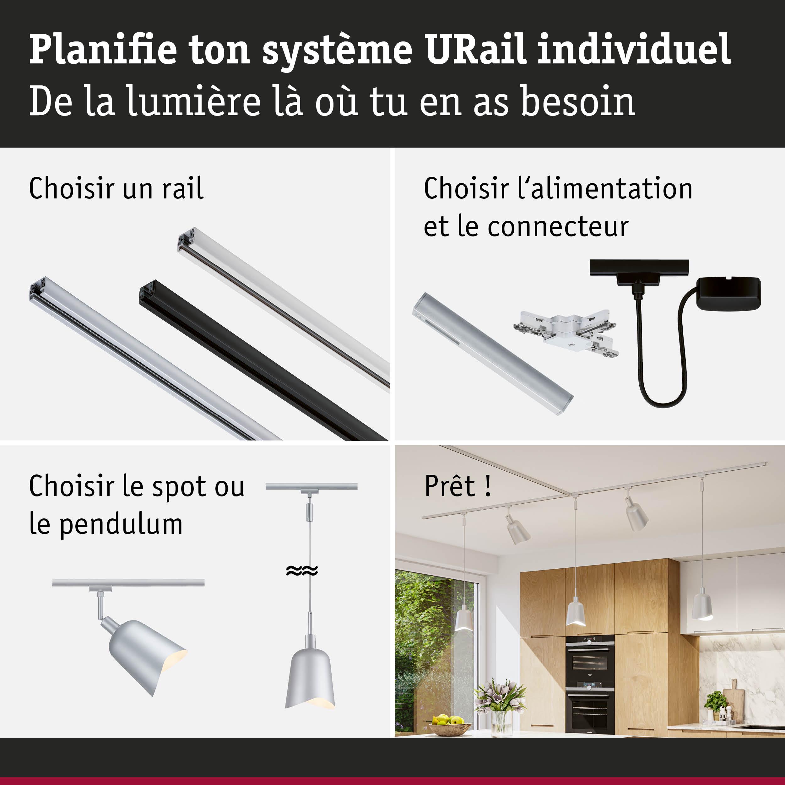 Système modulaire URail avec rails en aluminium et spots argentés pour un éclairage personnalisé.
