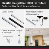 Système modulaire URail avec rails en aluminium et spots argentés pour un éclairage personnalisé.