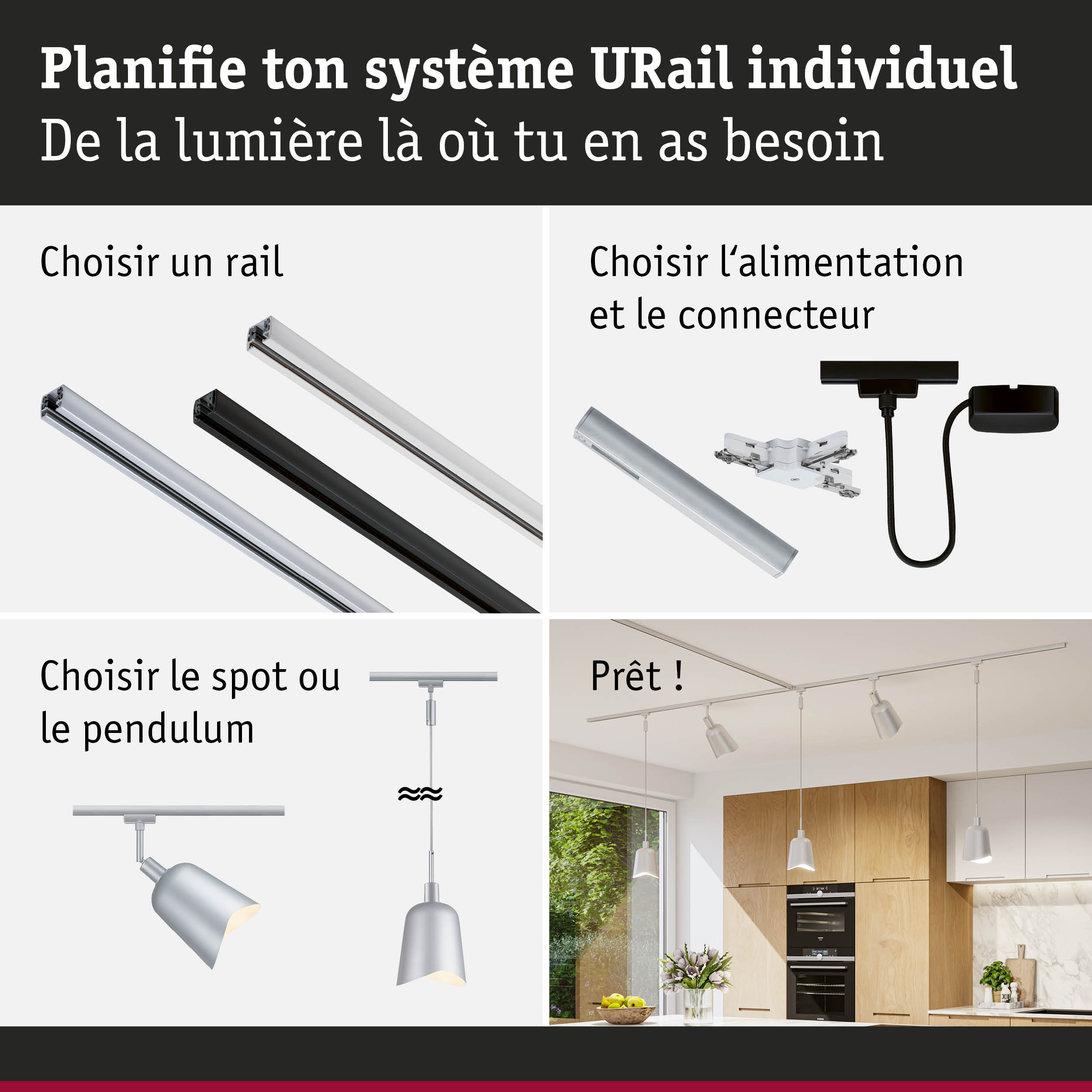 Système de rail modulaire URail noir et argent avec options d'éclairage variées pour une lumière flexible