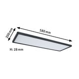 Flat rectangular black LED ceiling light with white diffuser, dimensions 580x200x28 mm