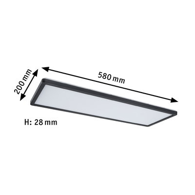 Flache rechteckige LED-Deckenleuchte in Schwarz mit weißem Diffusor, Maße 580x200x28 mm