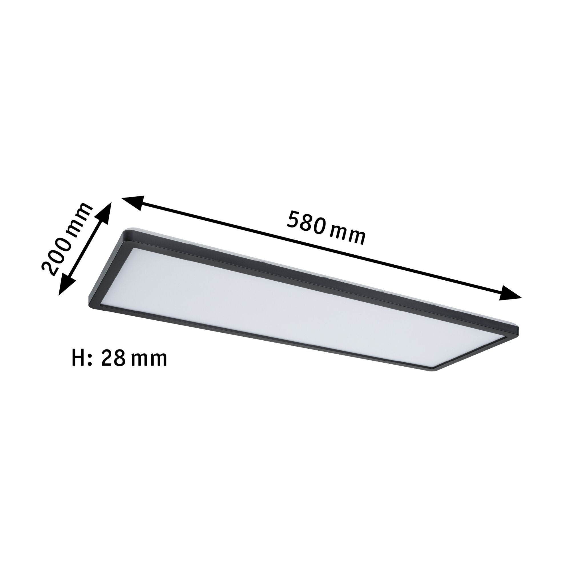 Flad rektangulær sort LED-loftlampe med hvid diffuser, mål 580x200x28 mm